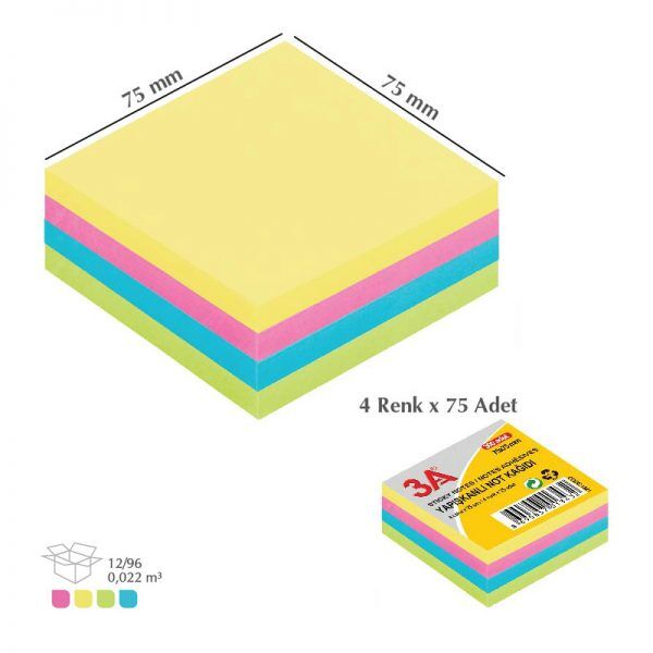 3A Yapışkanlı Not Kağıdı Pastel Renk 75x75 Mm 4 Renk x 75 Adet