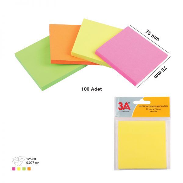 3A Yapışkanlı Not Kağıdı Neon Renk 75x75 Mm