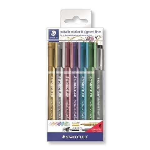 Staedtler 8323-Swp6p Metalik Markör 6 Lı + Pigment Liner Siyah Set