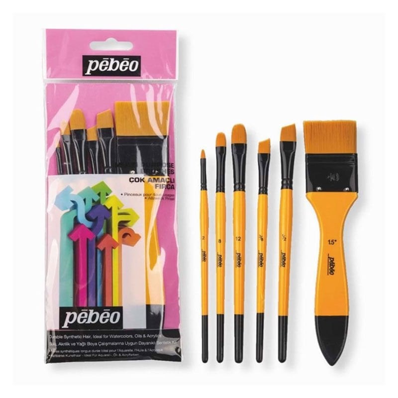 Pebeo 6'Lı Fırça Seti - Düz Kesik No: 2 8 12 - Angular No: 3/8 1/2 - Zemin Fırçası No: 15