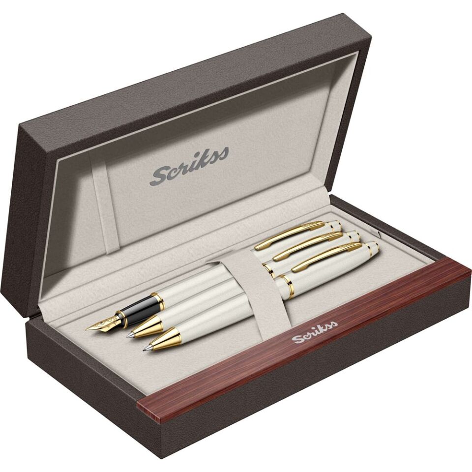 Scrikss 35 Dolmakalem - Tükenmez Kalem - Versatil 3 Lü Set Beyaz Altın