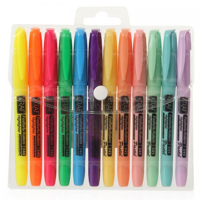 Kraf Fosforlu Kalem Tipi 340/345-12 12 Li ( 6 Pastel + 6 Parlak Renk )