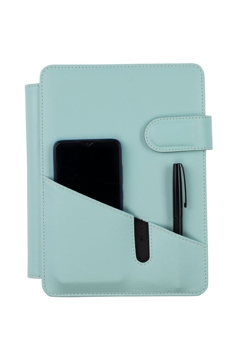2K Tarihsiz Çizgili 15x21 Cm İç Defterli 4 Halkalı Telefon Kılıflı Kapaklı Deri Organizer Su Yeşili
