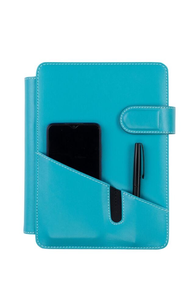 2K Tarihsiz Çizgili 15x21 Cm İç Defterli 4 Halkalı Telefon Kılıflı Kapaklı Deri Organizer Turkuaz