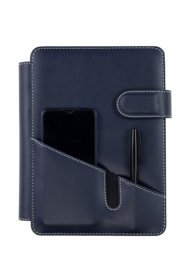 2K Tarihsiz Çizgili 15x21 Cm İç Defterli 4 Halkalı Telefon Kılıflı Kapaklı Deri Organizer Lacivert