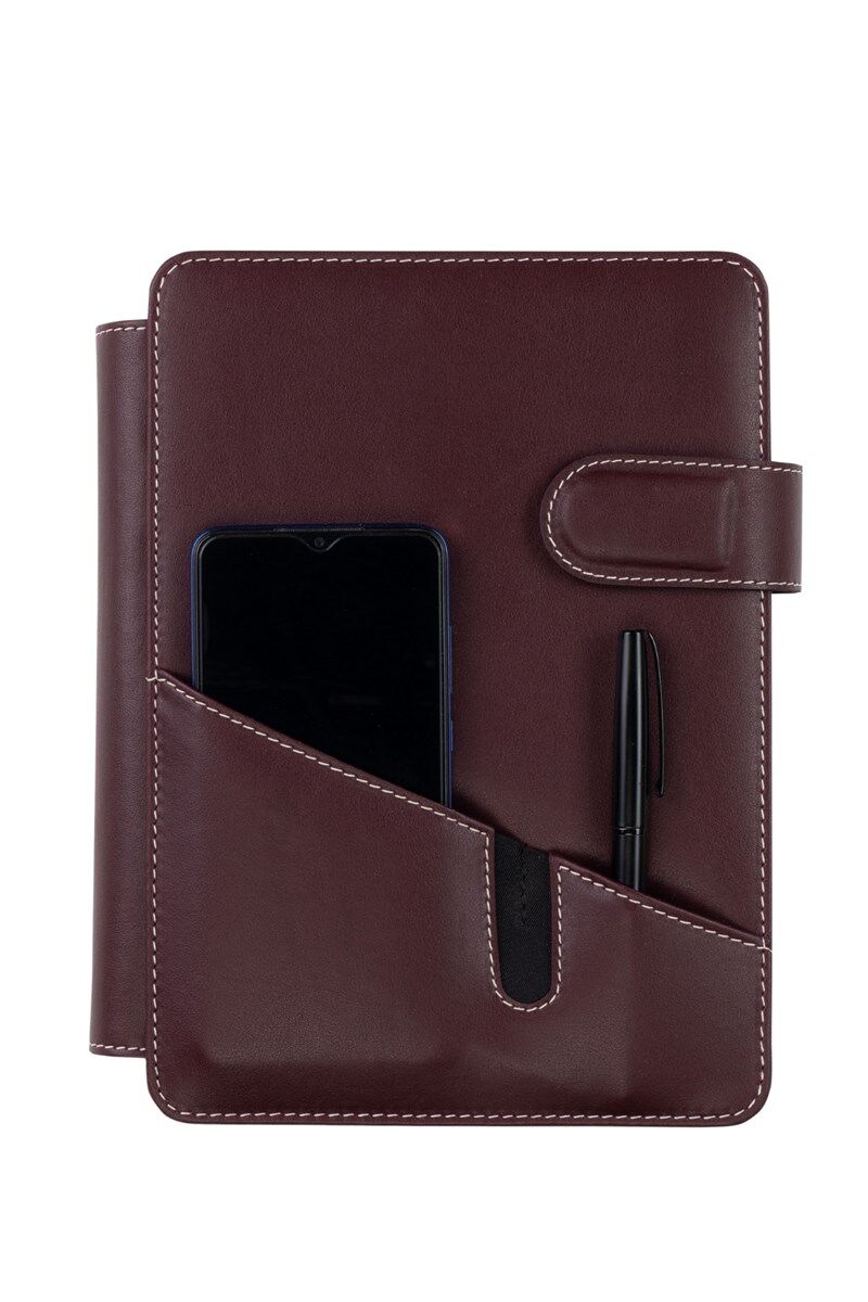2K Tarihsiz Çizgili 15x21 Cm İç Defterli 4 Halkalı Telefon Kılıflı Kapaklı Deri Organizer Bordo