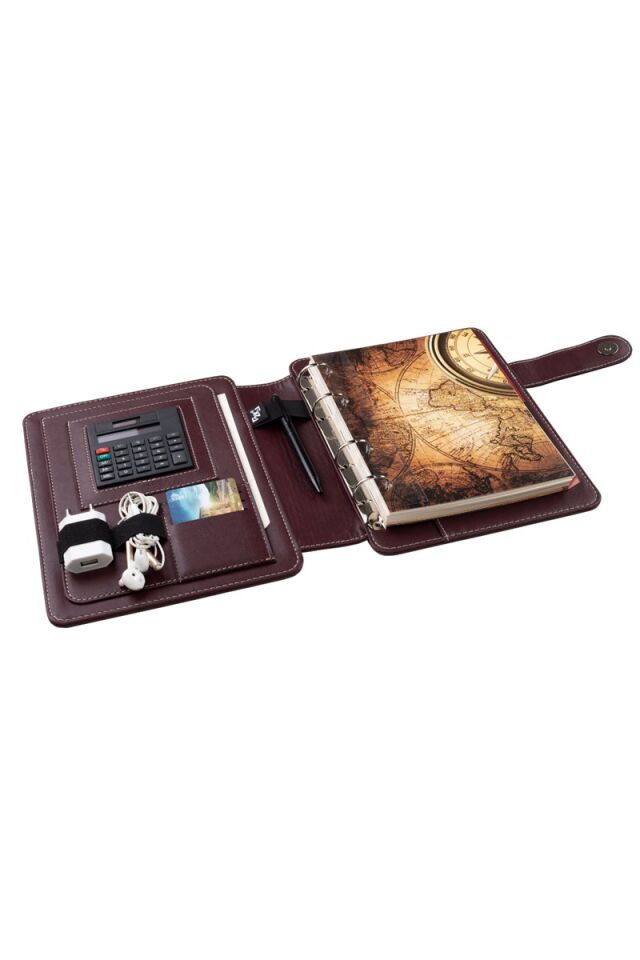 2K Tarihsiz Çizgili 15x21 Cm İç Defterli 4 Halkalı Telefon Kılıflı Kapaklı Deri Organizer Bordo