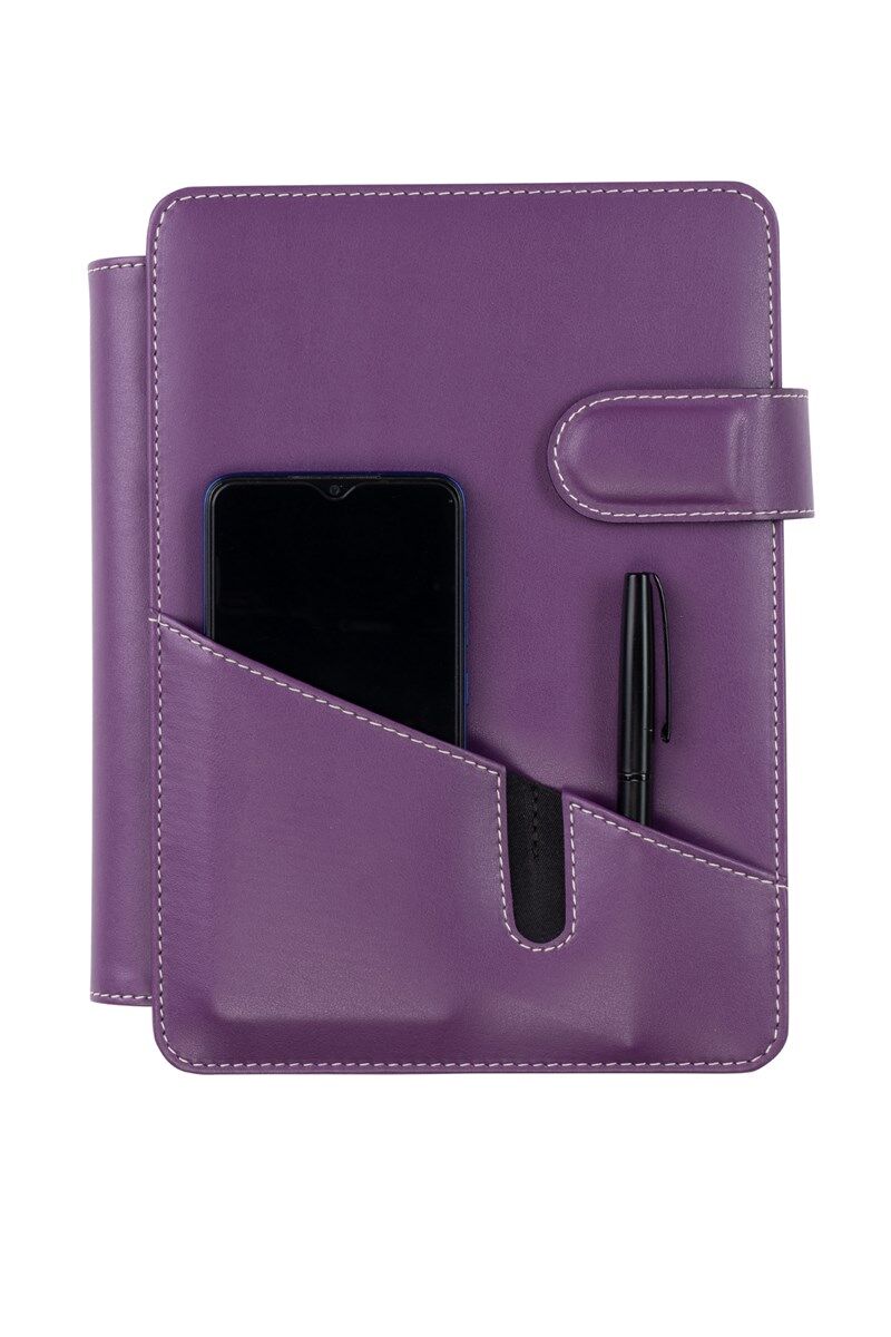 2K Tarihsiz Çizgili 15x21 Cm İç Defterli 4 Halkalı Telefon Kılıflı Kapaklı Deri Organizer Lila