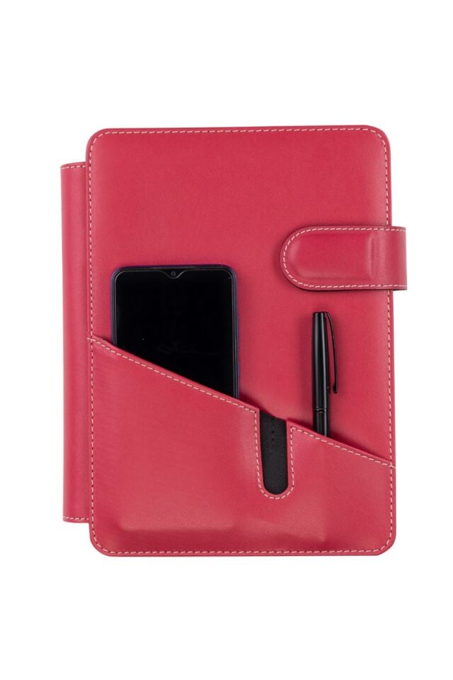 2K Tarihsiz Çizgili 15x21 Cm İç Defterli 4 Halkalı Telefon Kılıflı Kapaklı Deri Organizer Fuşya