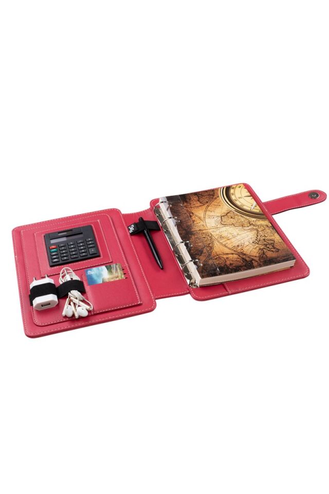 2K Tarihsiz Çizgili 15x21 Cm İç Defterli 4 Halkalı Telefon Kılıflı Kapaklı Deri Organizer Fuşya