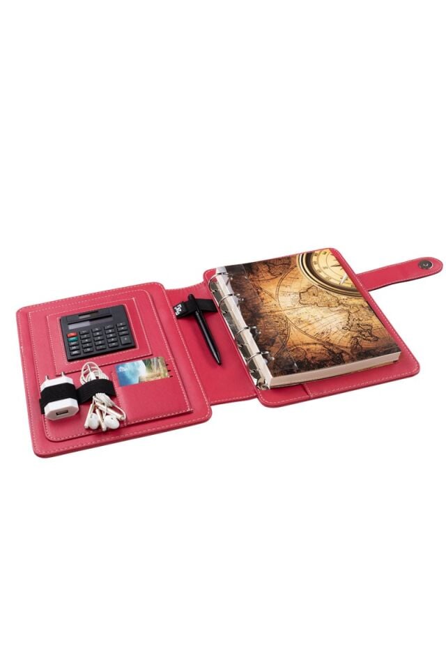 2K Tarihsiz Çizgili 15x21 Cm İç Defterli 4 Halkalı Telefon Kılıflı Kapaklı Deri Organizer Fuşya