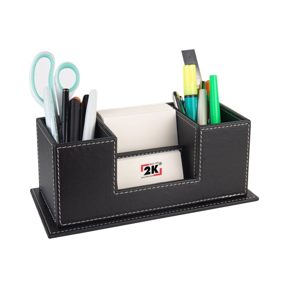 2kMasaüstü Deri Organizer Kalemlik 4 Gözlü Desktop Organizer Rainbow Vegan 10x12x25 Cm Siyah