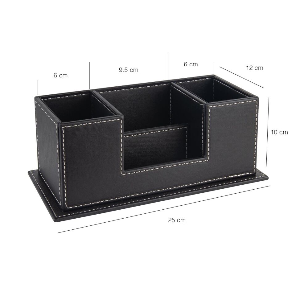 2kMasaüstü Deri Organizer Kalemlik 4 Gözlü Desktop Organizer Rainbow Vegan 10x12x25 Cm Siyah