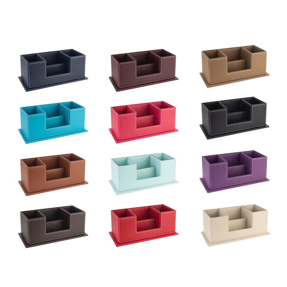 2kMasaüstü Deri Organizer Kalemlik 4 Gözlü Desktop Organizer Rainbow Vegan 10x12x25 Cm Siyah