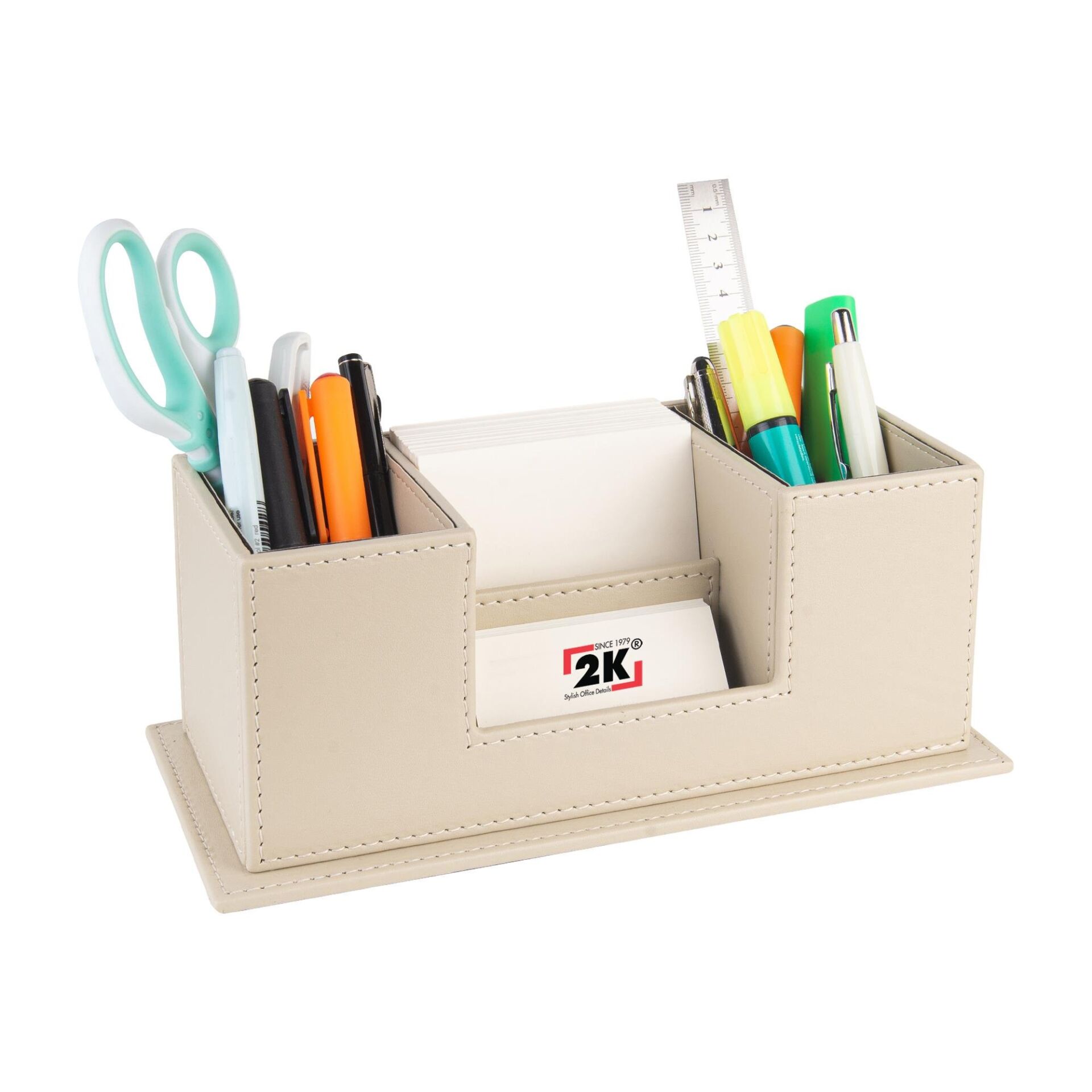 2k Masaüstü Deri Organizer Kalemlik 4 Gözlü Desktop Organizer Rainbow Vegan 10x12x25 Cm Bej
