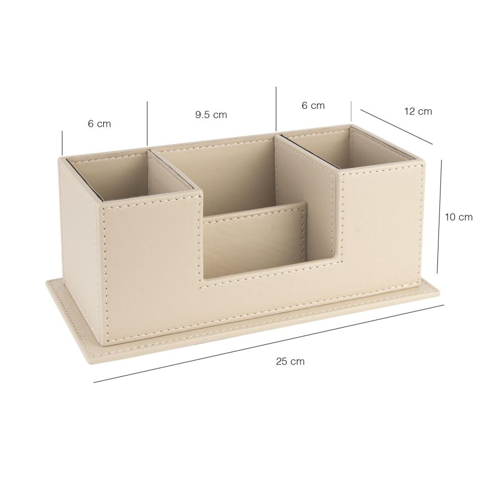 2k Masaüstü Deri Organizer Kalemlik 4 Gözlü Desktop Organizer Rainbow Vegan 10x12x25 Cm Bej