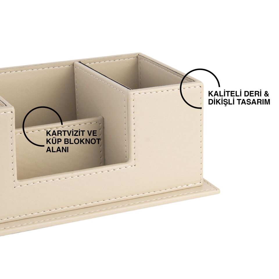 2k Masaüstü Deri Organizer Kalemlik 4 Gözlü Desktop Organizer Rainbow Vegan 10x12x25 Cm Bej
