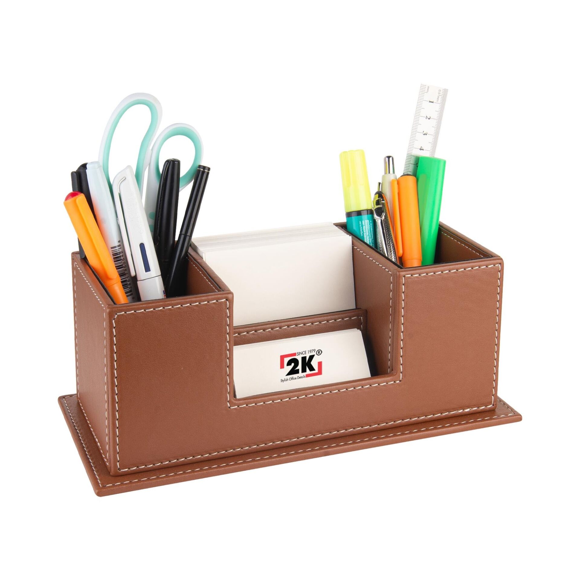 2k Masaüstü Deri Organizer Kalemlik 4 Gözlü Desktop Organizer Rainbow Vegan 10x12x25 Cm Taba