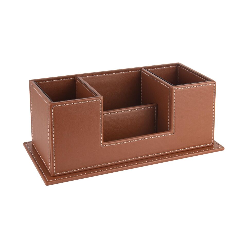 2k Masaüstü Deri Organizer Kalemlik 4 Gözlü Desktop Organizer Rainbow Vegan 10x12x25 Cm Taba