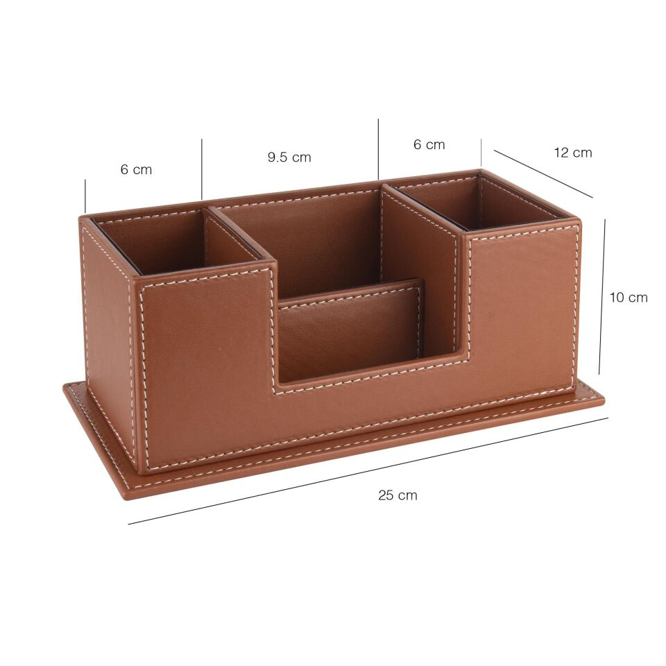 2k Masaüstü Deri Organizer Kalemlik 4 Gözlü Desktop Organizer Rainbow Vegan 10x12x25 Cm Taba