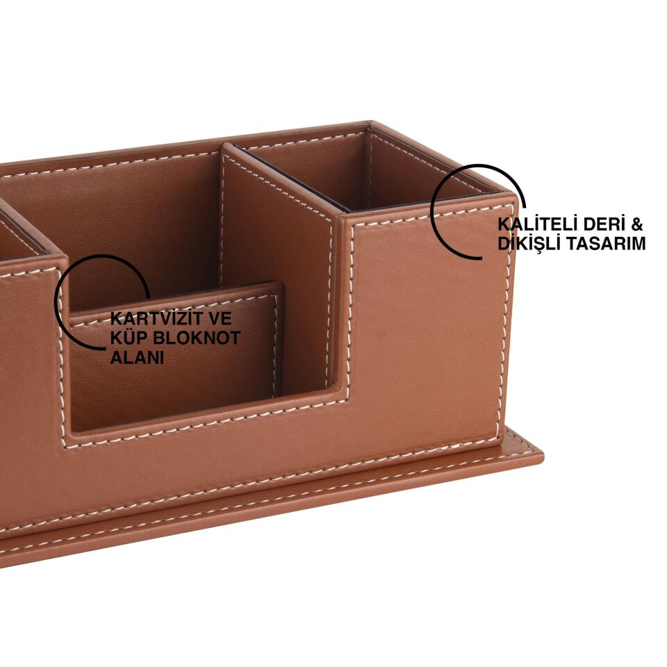 2k Masaüstü Deri Organizer Kalemlik 4 Gözlü Desktop Organizer Rainbow Vegan 10x12x25 Cm Taba
