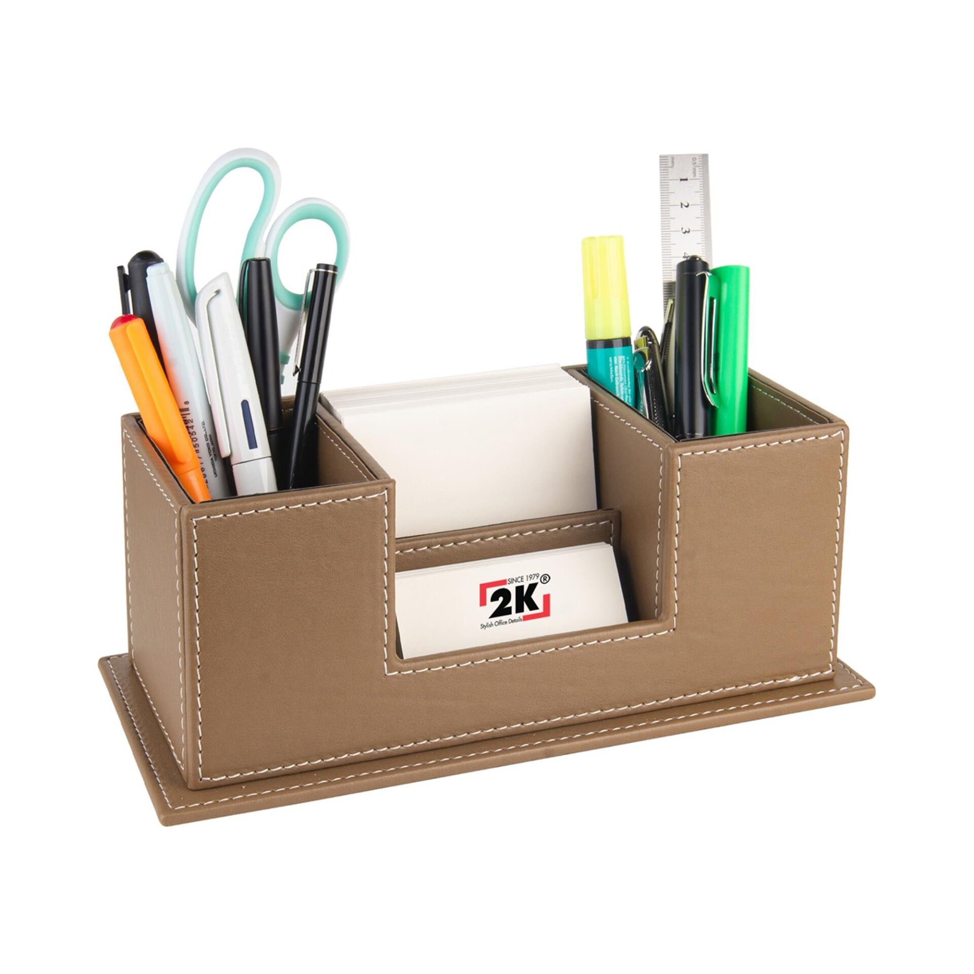 2k Masaüstü Deri Organizer Kalemlik 4 Gözlü Desktop Organizer Rainbow Vegan 10x12x25 Cm Vizon