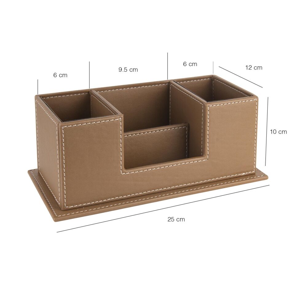 2k Masaüstü Deri Organizer Kalemlik 4 Gözlü Desktop Organizer Rainbow Vegan 10x12x25 Cm Vizon