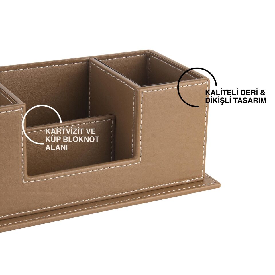 2k Masaüstü Deri Organizer Kalemlik 4 Gözlü Desktop Organizer Rainbow Vegan 10x12x25 Cm Vizon