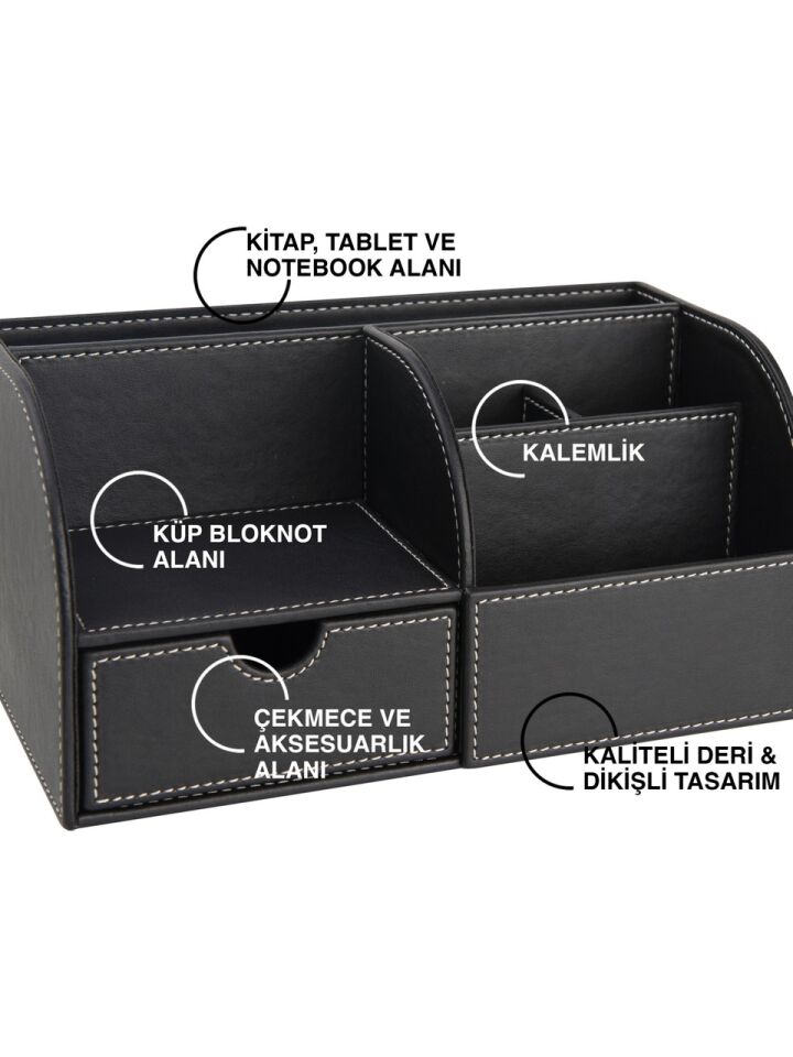 2K Masaüstü Düzenleyici 6 Gözlü Çekmeceli Destop Organizer Vegan 24,5x13x12 Siyah