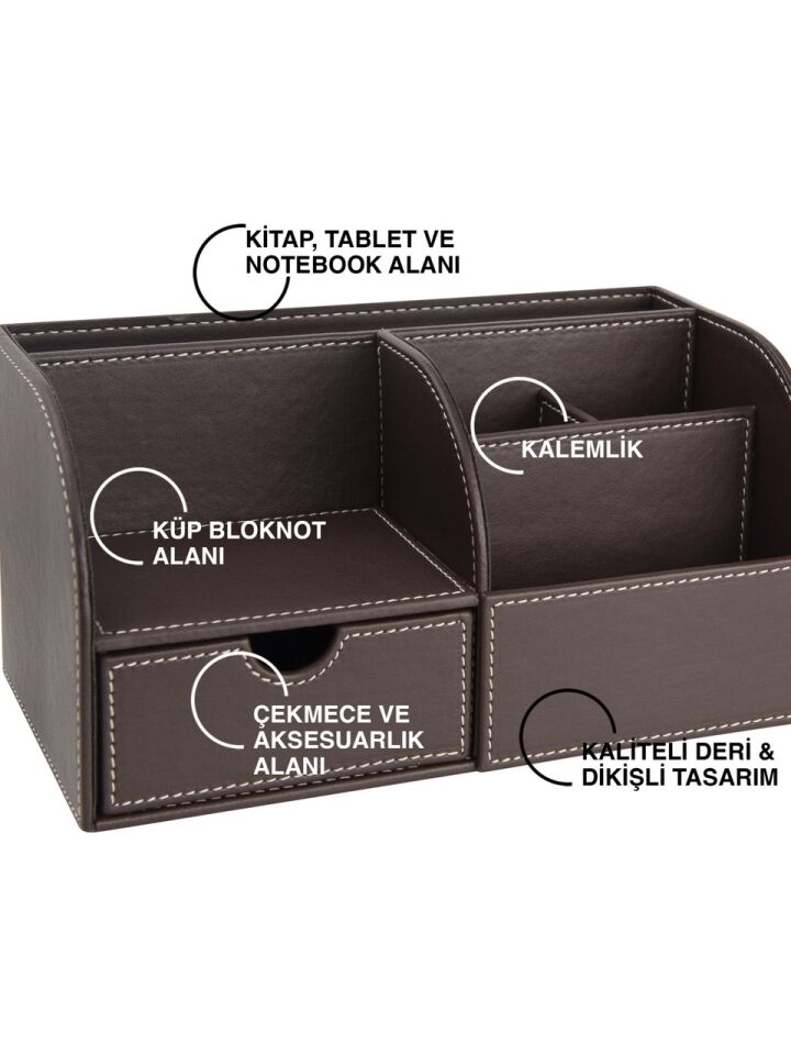 2K Masaüstü Düzenleyici 6 Gözlü Çekmeceli Destop Organizer Vegan 24,5x13x12 Kahve