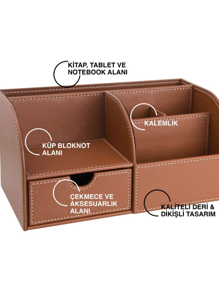 2K Masaüstü Düzenleyici 6 Gözlü Çekmeceli Destop Organizer Vegan 24,5x13x12 Taba