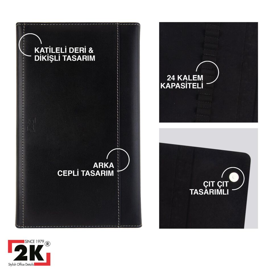 2k Suni Deri Kalemlik Boya Kalemi Dolma Kalem Roller Kalem Koleksiyon Kalem Çantası  24'Lü Mıknatıs Kapaklı Siyah