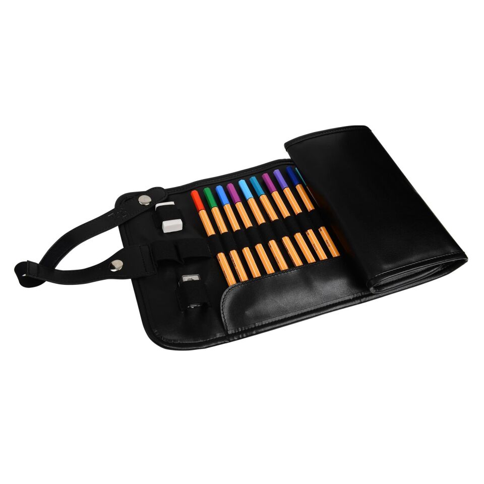 2k Rulo Kalemlik Sanatsal Kalemlik Dereceli Kalem Teknik Çizim Çantası Vegan 24'Lü Çıtçıtlı Açık 21x58 Cm Siyah