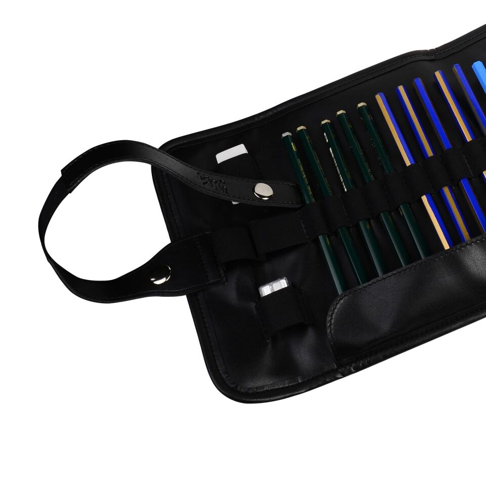 2k Rulo Kalemlik Sanatsal Kalemlik Dereceli Kalem Teknik Çizim Çantası Vegan 24'Lü Çıtçıtlı Açık 21x58 Cm Siyah