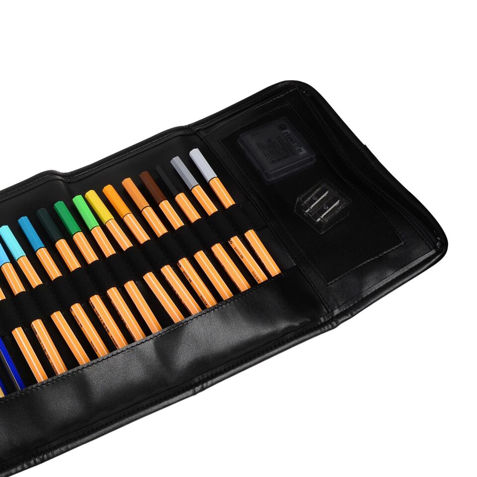 2k Rulo Kalemlik Sanatsal Kalemlik Dereceli Kalem Teknik Çizim Çantası Vegan 24'Lü Çıtçıtlı Açık 21x58 Cm Siyah