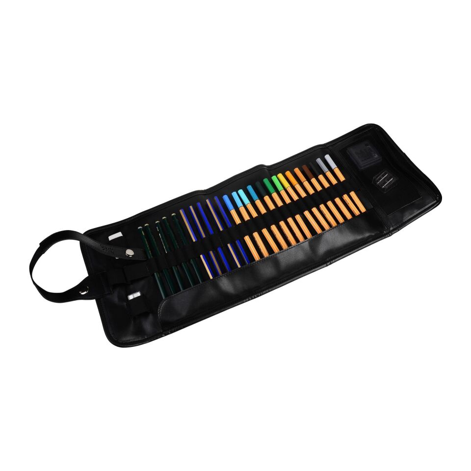 2k Rulo Kalemlik Sanatsal Kalemlik Dereceli Kalem Teknik Çizim Çantası Vegan 24'Lü Çıtçıtlı Açık 21x58 Cm Siyah