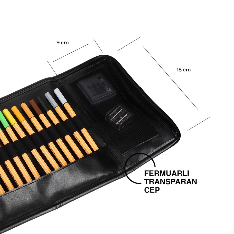 2k Rulo Kalemlik Sanatsal Kalemlik Dereceli Kalem Teknik Çizim Çantası Vegan 24'Lü Çıtçıtlı Açık 21x58 Cm Siyah