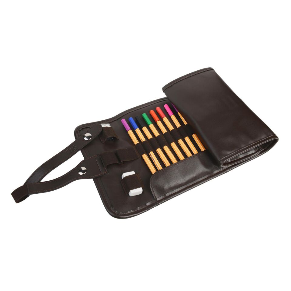 2k Rulo Kalemlik Sanatsal Kalemlik Dereceli Kalem Teknik Çizim Çantası Vegan 24'Lü Çıtçıtlı Açık 21x58 Cm Kahve