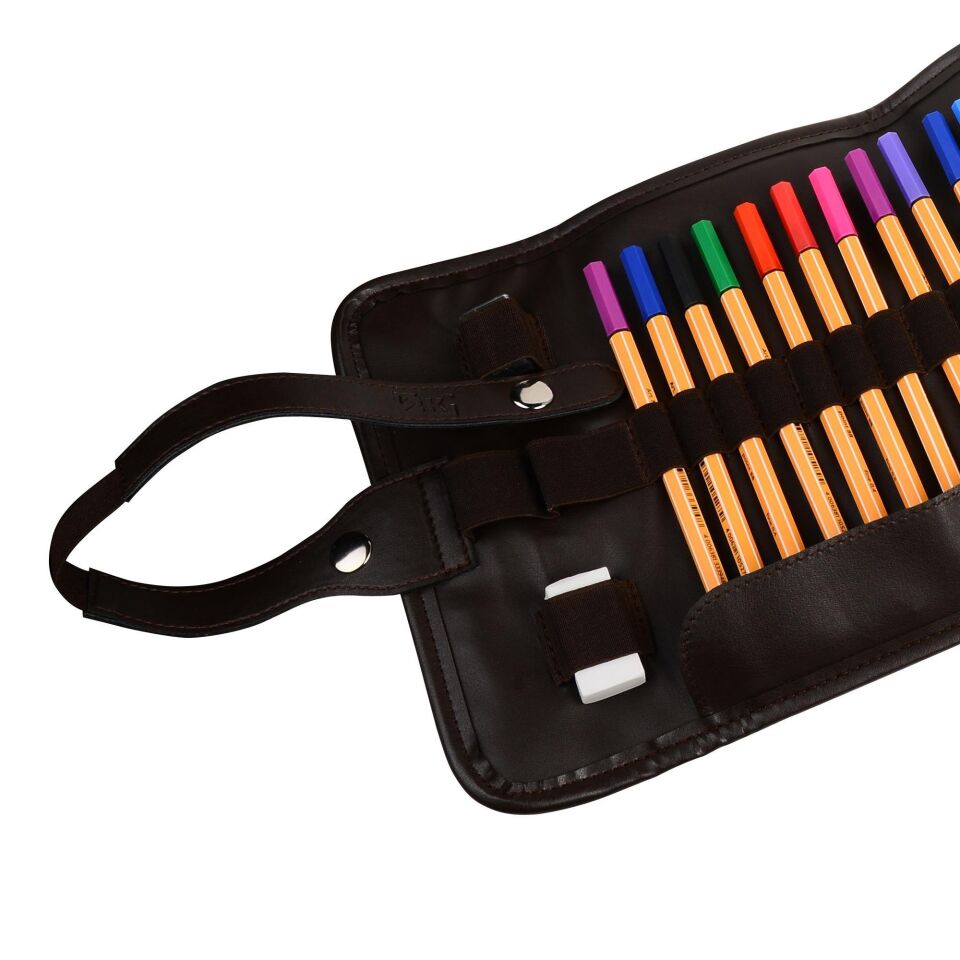 2k Rulo Kalemlik Sanatsal Kalemlik Dereceli Kalem Teknik Çizim Çantası Vegan 24'Lü Çıtçıtlı Açık 21x58 Cm Kahve