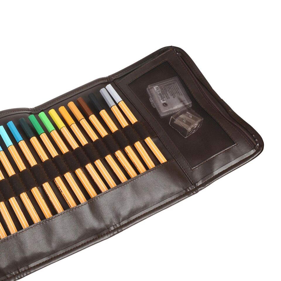 2k Rulo Kalemlik Sanatsal Kalemlik Dereceli Kalem Teknik Çizim Çantası Vegan 24'Lü Çıtçıtlı Açık 21x58 Cm Kahve