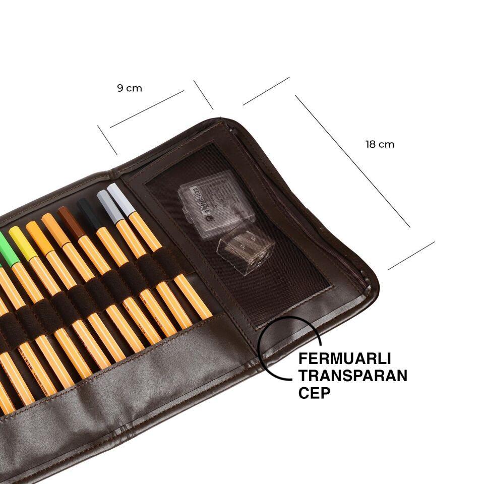 2k Rulo Kalemlik Sanatsal Kalemlik Dereceli Kalem Teknik Çizim Çantası Vegan 24'Lü Çıtçıtlı Açık 21x58 Cm Kahve