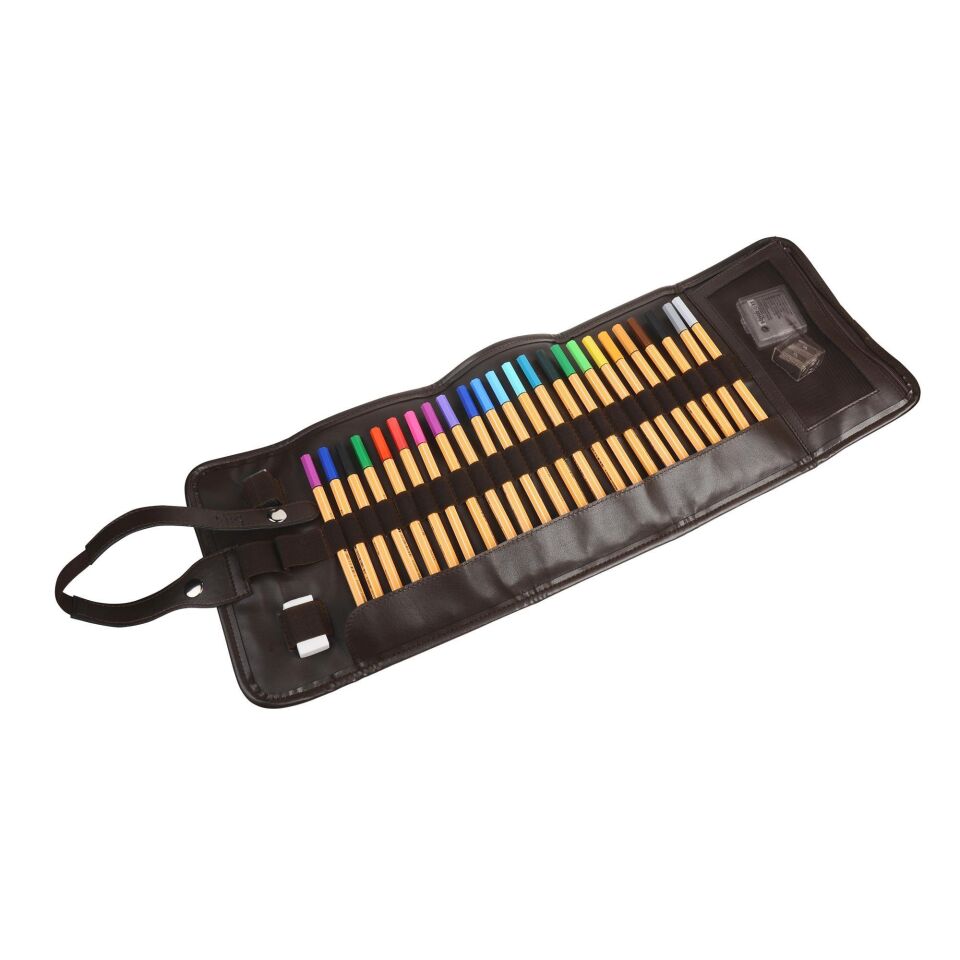 2k Rulo Kalemlik Sanatsal Kalemlik Dereceli Kalem Teknik Çizim Çantası Vegan 24'Lü Çıtçıtlı Açık 21x58 Cm Kahve