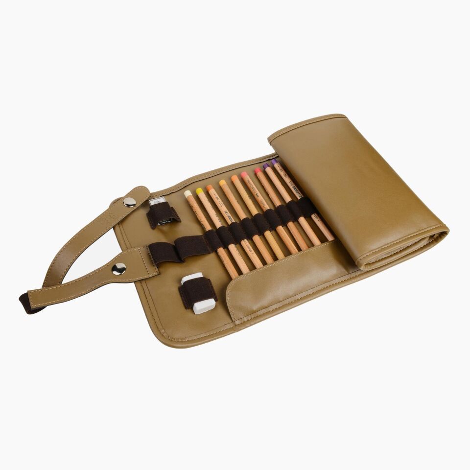 2k Rulo Kalemlik Sanatsal Kalemlik Dereceli Kalem Teknik Çizim Çantası Vegan 24'Lü Çıtçıtlı Açık 21x58 Cm Vizon