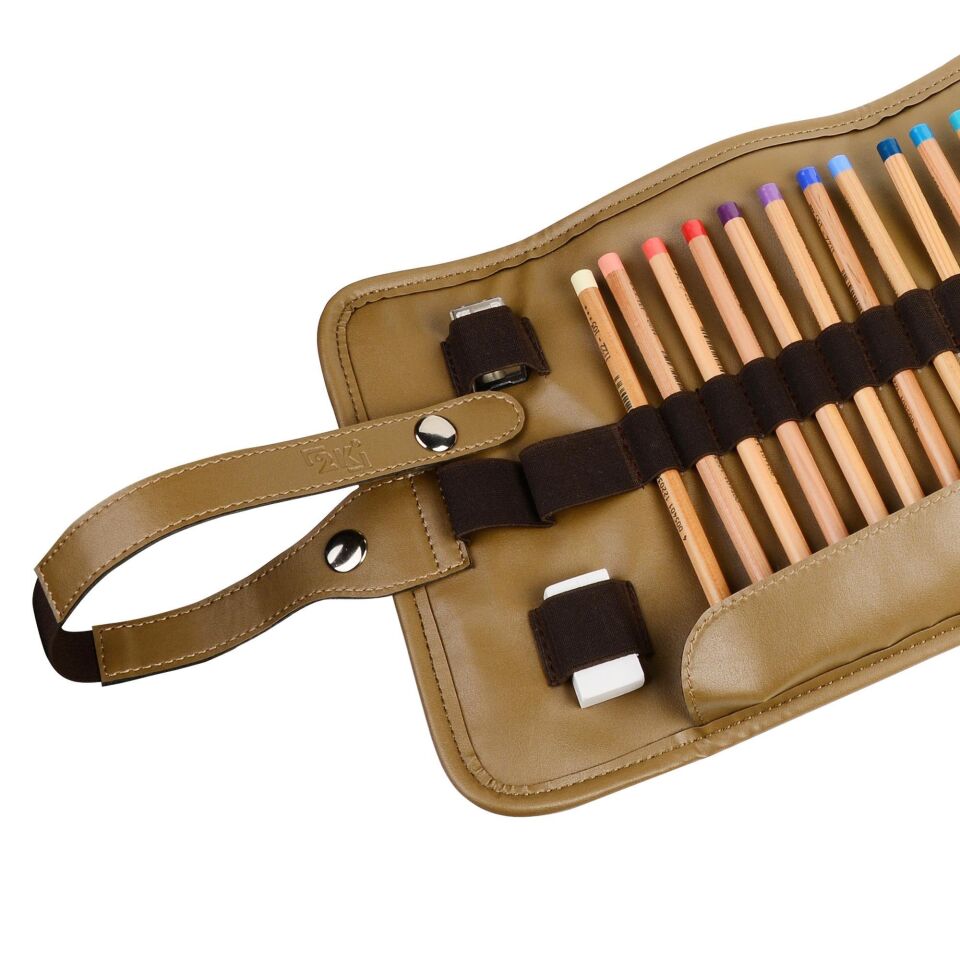 2k Rulo Kalemlik Sanatsal Kalemlik Dereceli Kalem Teknik Çizim Çantası Vegan 24'Lü Çıtçıtlı Açık 21x58 Cm Vizon