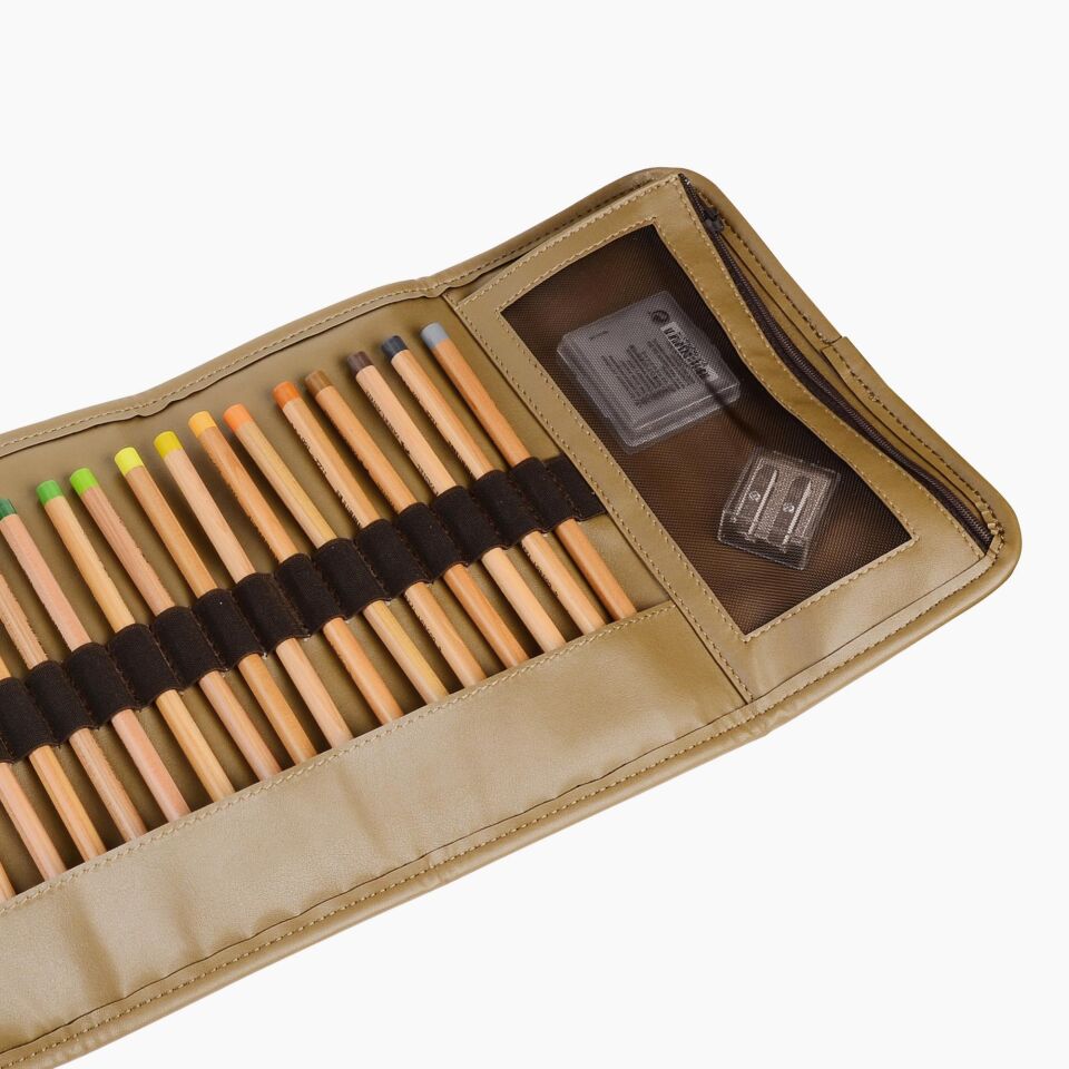 2k Rulo Kalemlik Sanatsal Kalemlik Dereceli Kalem Teknik Çizim Çantası Vegan 24'Lü Çıtçıtlı Açık 21x58 Cm Vizon