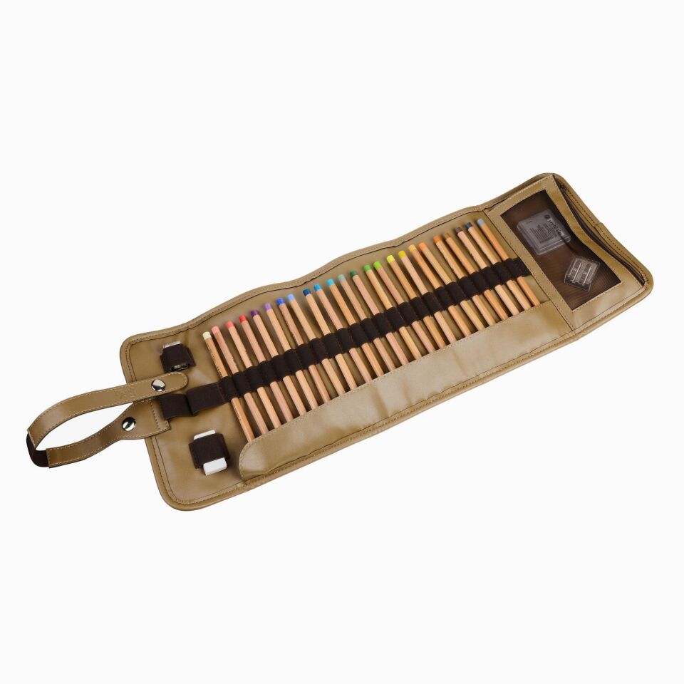 2k Rulo Kalemlik Sanatsal Kalemlik Dereceli Kalem Teknik Çizim Çantası Vegan 24'Lü Çıtçıtlı Açık 21x58 Cm Vizon