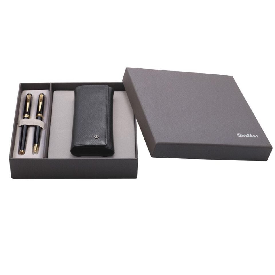 Scrikss Dr 203 38 Dolmakalem - Tükenmez Kalem Siyah Altın & Hakiki Deri 2 Li Kalem Kılıfı Siyah