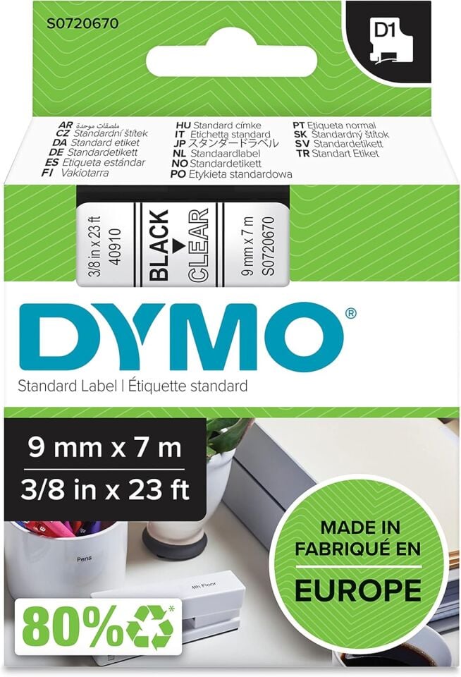 Dymo D1 Yedek Şerit 9 mm x 7 mt Şeffaf Siyah