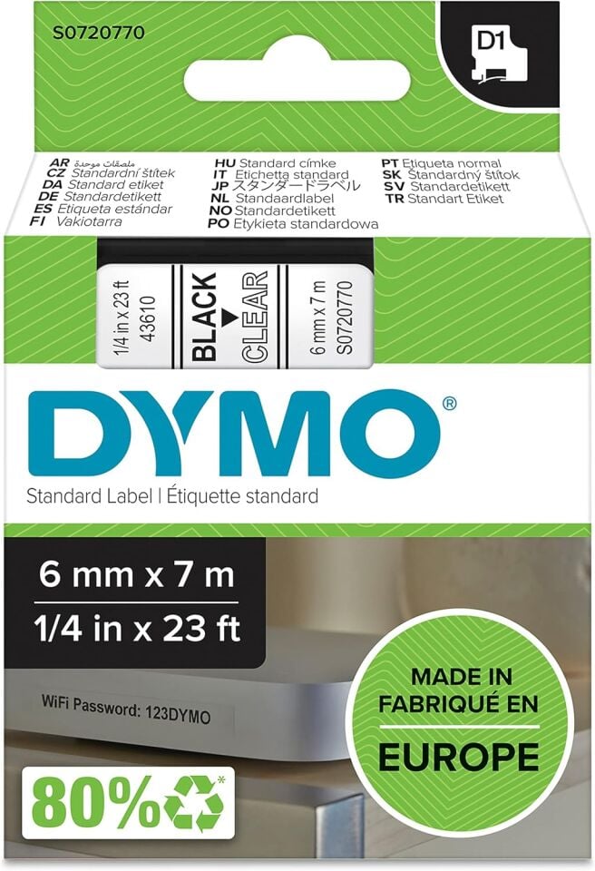 Dymo D1 Yedek Şerit 6 Mm x 7 Mt Şeffaf Siyah