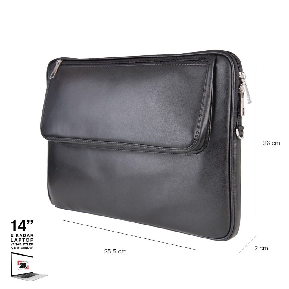 2k Suni Deri Laptop Çantası Tablet Çantası 14'' Vegan Omuz Ve Valiz Askılı Aksesuar Ve Evrak Cepli 25.5x36x2 Cm Siyah